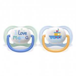2бр ортодонтични залъгалки Надпис и Лодка Ultra Air Happy 0-6м с декорация в кутия за стерилизиране