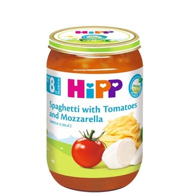 HIPP пюре Спагети Домати Моцарела 8+месеца 220гр 6400