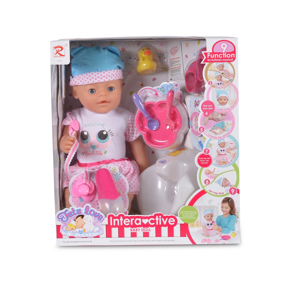 Плачеща кукла бебе 46cm със синя шапка, гърне и аксесоари