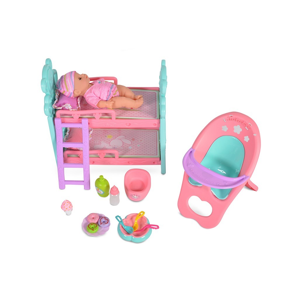 Кукла 31см пишкаща с легло и стол за хранене 8295