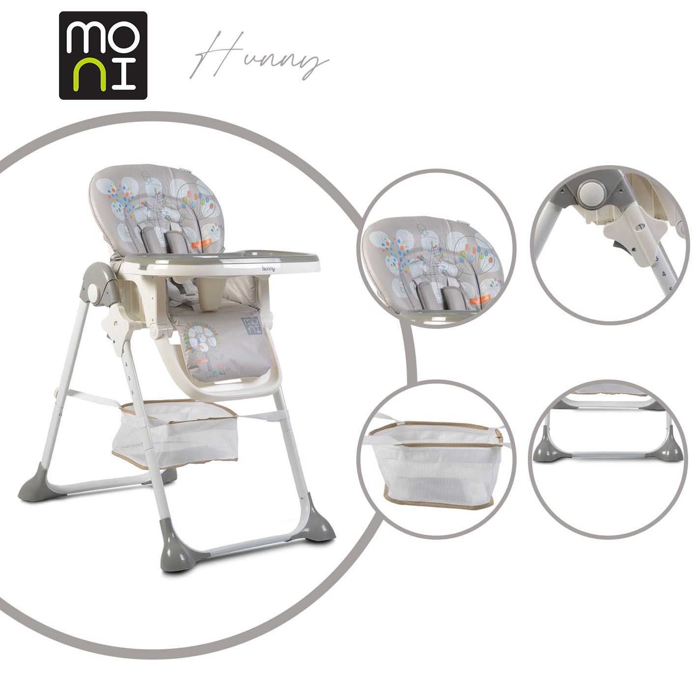 Детски сив стол за хранене Hunny