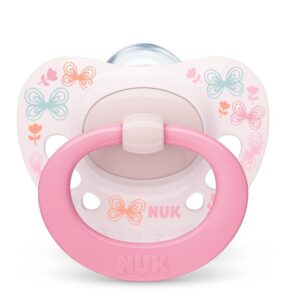 Биберон Signature 0-6мес Бял с розова дръжка NUK залъгалка силикон 1бр + кутийка за съхранение и стерилизация в микровълнова