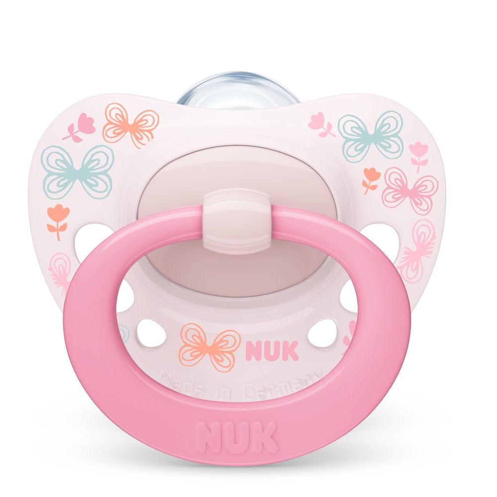 Биберон Signature 0-6мес Бял с розова дръжка NUK залъгалка силикон 1бр + кутийка за съхранение и стерилизация в микровълнова