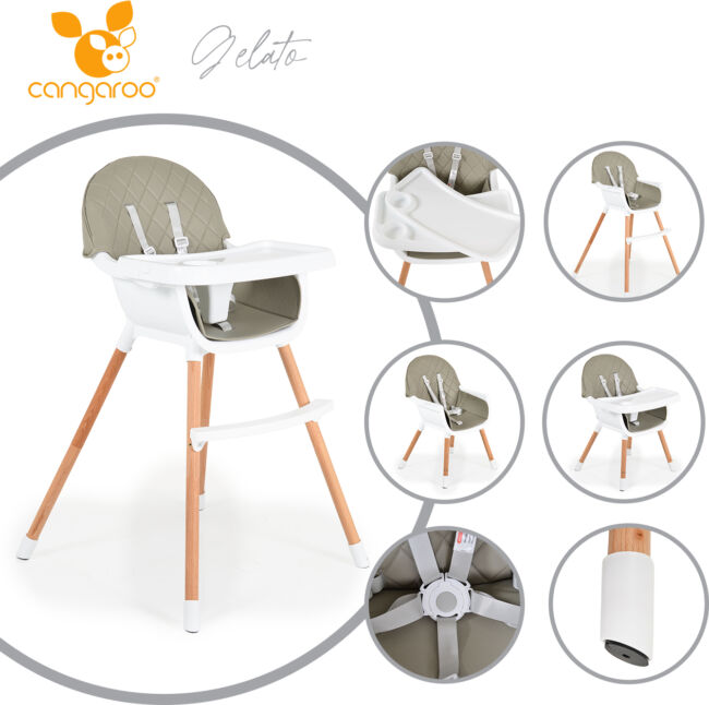 Дървен стол за хранене Gelato 2в1 сив