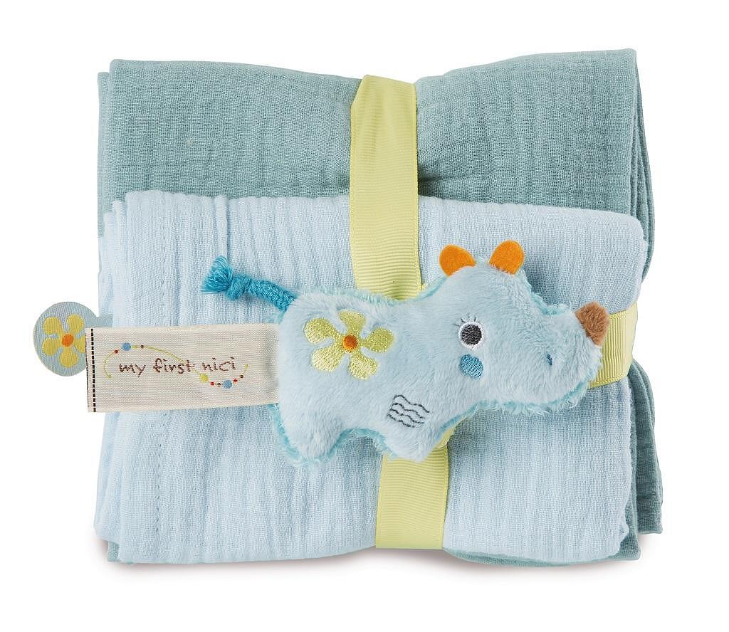 NICI муселинови пелени Носорогът Мануфи 9см Подаръчен сет 2бр 60х60см+ 0+мес