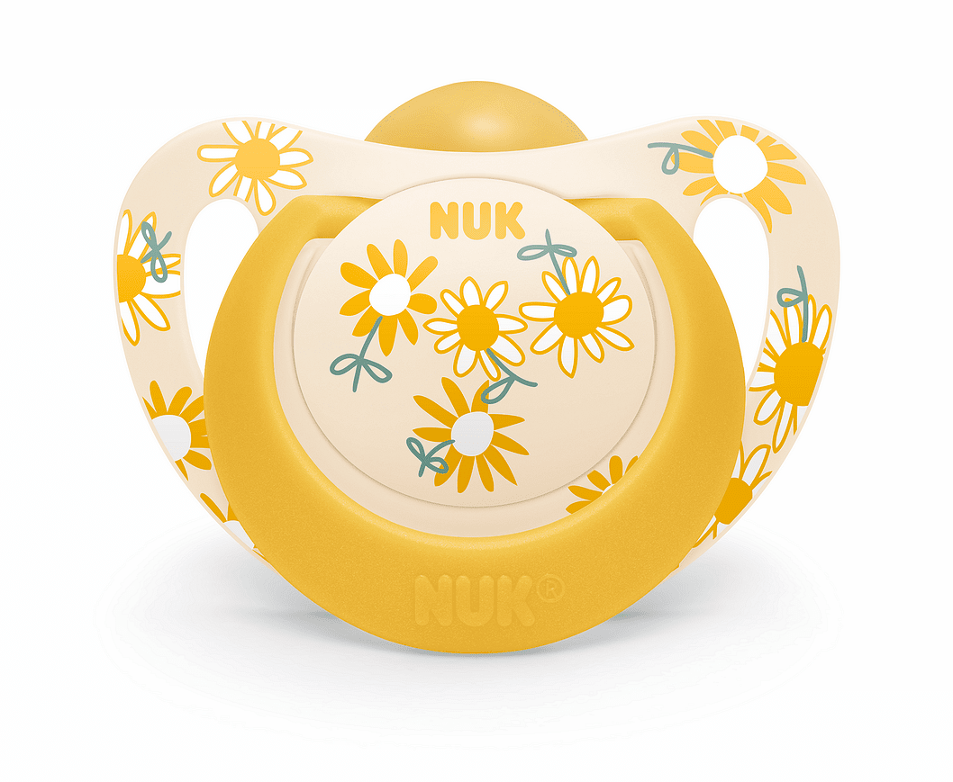 Залъгалка каучук STAR+box 6-18мес Жълта с цветя NUK биберон 1бр