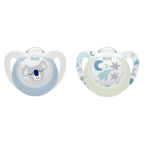 Биберон STAR NIGHT&DAY момче 0-6мес 2бр NUK залъгалка силикон светеща