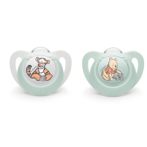 NUK биберон 0-6мес 2бр МЕЧО ПУХ залъгалка силикон + кутийка за съхранение и стерилизация в микровълнова