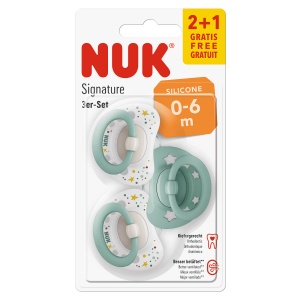 Биберон Signature Бял/Зелен 0-6мес NUK залъгалка силикон 2+1бр