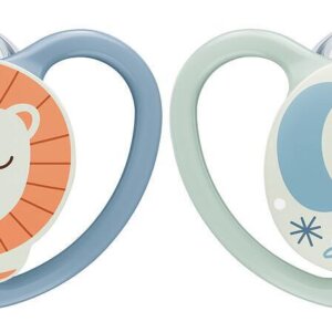 NUK Space Night 0-6мес Лъв биберон залъгалка силикон 2бр + кутийка за съхранение и стерилизация в микровълнова