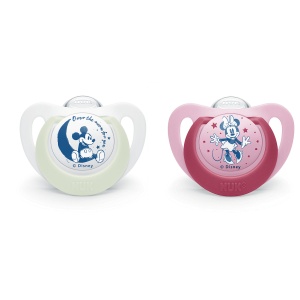 Биберони 18-36мес 2бр Бяло/Розово MICKEY NIGHT&DAY NUK залъгалка силикон + кутийка за съхранение и стерилизация в микровълнова