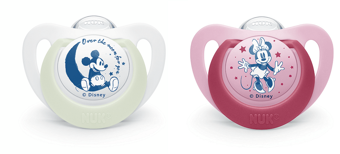 Биберони 18-36мес 2бр Бяло/Розово MICKEY NIGHT&DAY NUK залъгалка силикон + кутийка за съхранение и стерилизация в микровълнова