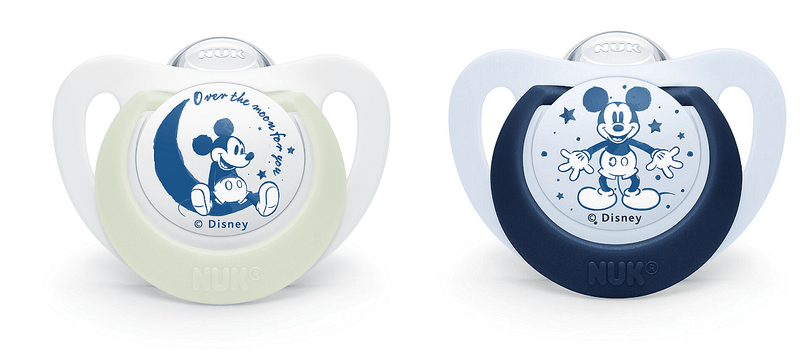 Биберони 18-36мес 2бр Бяло/Синьо MICKEY NIGHT&DAY NUK залъгалка силикон + кутийка за съхранение и стерилизация в микровълнова