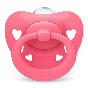 Биберон Signature 6-18мес Розов NUK залъгалка силикон 1бр + кутийка за съхранение и стерилизация в микровълнова