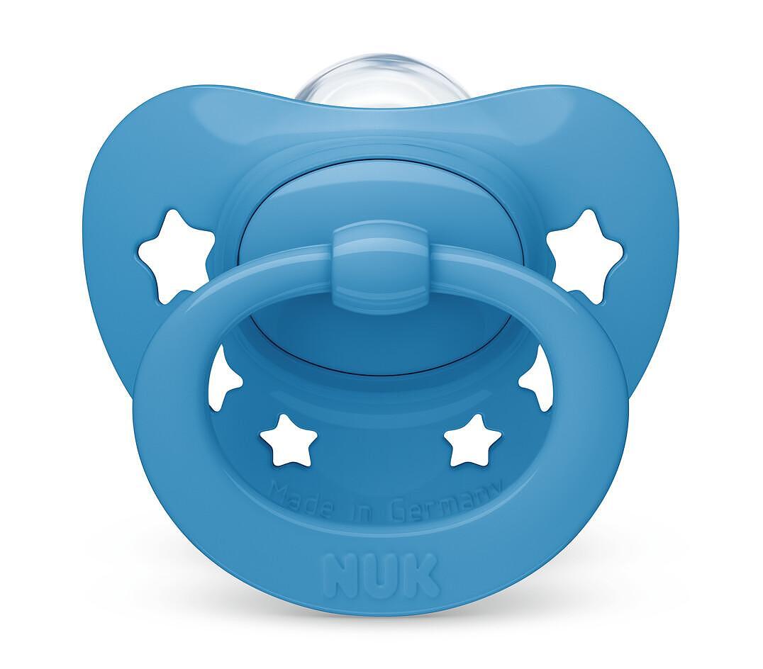 Биберон Signature 6-18мес Син NUK залъгалка силикон 1бр + кутийка за съхранение и стерилизация в микровълнова