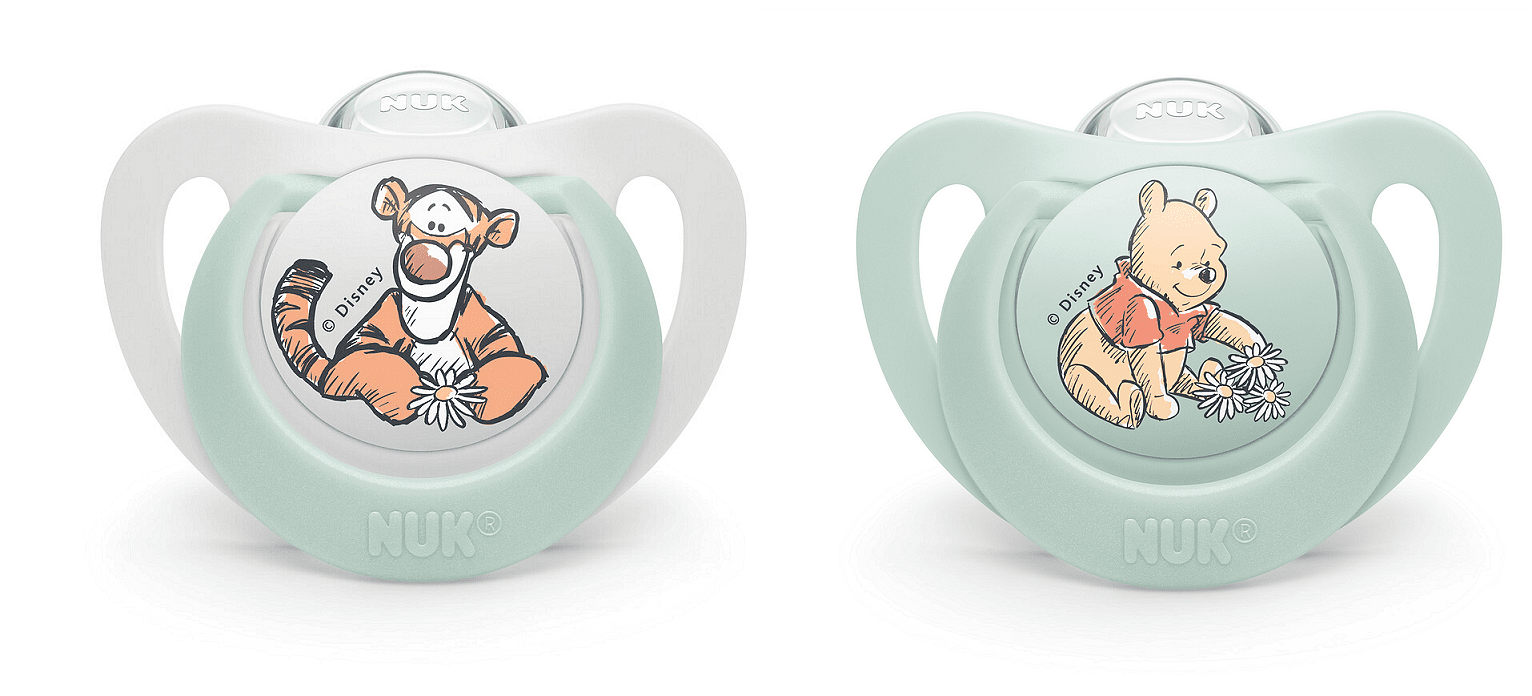NUK биберон 6-18мес 2бр МЕЧО ПУХ залъгалка силикон + кутийка за съхранение и стерилизация в микровълнова