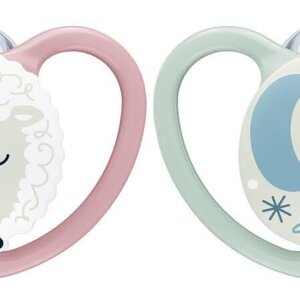 NUK Space Night 6-18мес Овца биберон залъгалка силикон 2бр + кутийка за съхранение и стерилизация в микровълнова