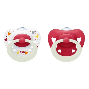 Биберон 6-18месеца Signature Night момиче NUK залъгалка силикон 2бр + кутийка за съхранение и стерилизация в микровълнова