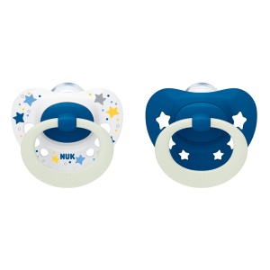 Биберон 0-6месеца Signature Night момче NUK залъгалка силикон 2бр + кутийка за съхранение и стерилизация в микровълнова