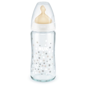 Бяло стъклено шише 240мл каучуков биберон NUK First Choice Temperature Control за хранене 0-6мес.
