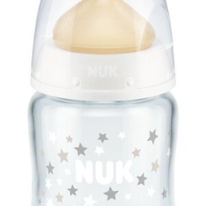 Стъклено шише 120мл Бяло с каучуков биберон за хранене NUK First Choice Temperature Control 0-6мес