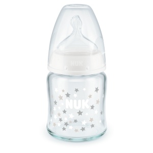 Стъклено шише Temperature Control 120мл Бяло със силиконов биберон за хранене NUK First Choice 0-6мес