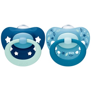 Биберон залъгалка силикон Момче 6-18мес 2бр NUK Signature + кутийка за съхранение и стерилизация в микровълнова