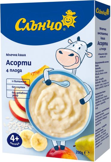 Слънчо Млечна каша АСОРТИ 4 плода 4+месеца 200Г