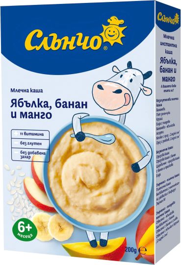 Слънчо Млечна Оризова каша Ябълка Банан и Манго 6+месеца 200Г