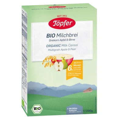 Topfer Bio Млечна каша 3 вида зърна с ябълка и круша 6+месеца 200Г